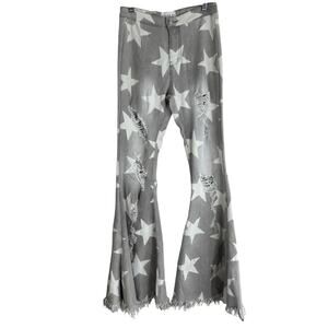 Dress Up Jeans Womens S Gray Distressed Flare Star Print Boho High Rise 70s